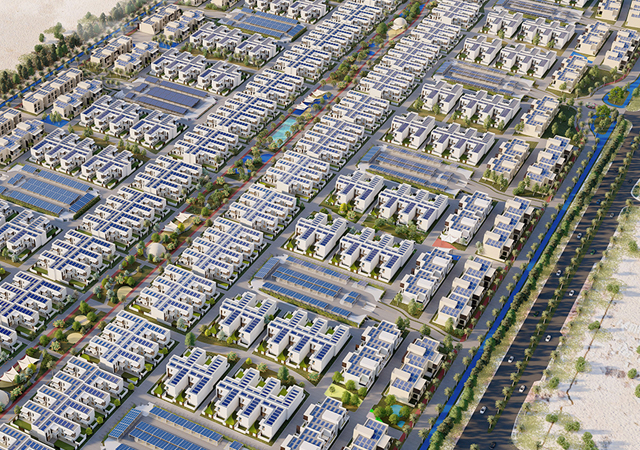 The Sustainable City – Yas Island homes will be powered by solar energy from panels installed on residential and parking structures.